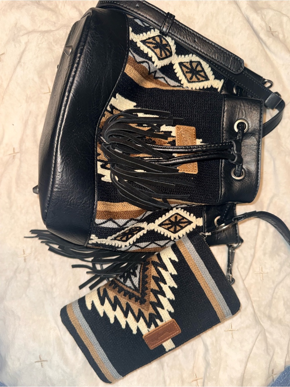 Wrangler Black, Tan & Cream Fringe Shoulder Bag with Matching Wristlet